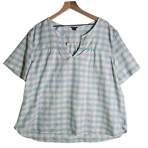 Eddie Bauer Check Blouse Women's 2X Blue Short‎ Sleeve Notched Neckline Top - Picture 1 of 6
